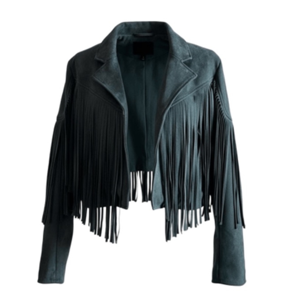 Dark Green Tassel Moto Suede Jacket